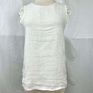 VIOLA BORGHI 100% Linen White Blouse Top Lace Crochet Cap Sleeves Womens M Beach
